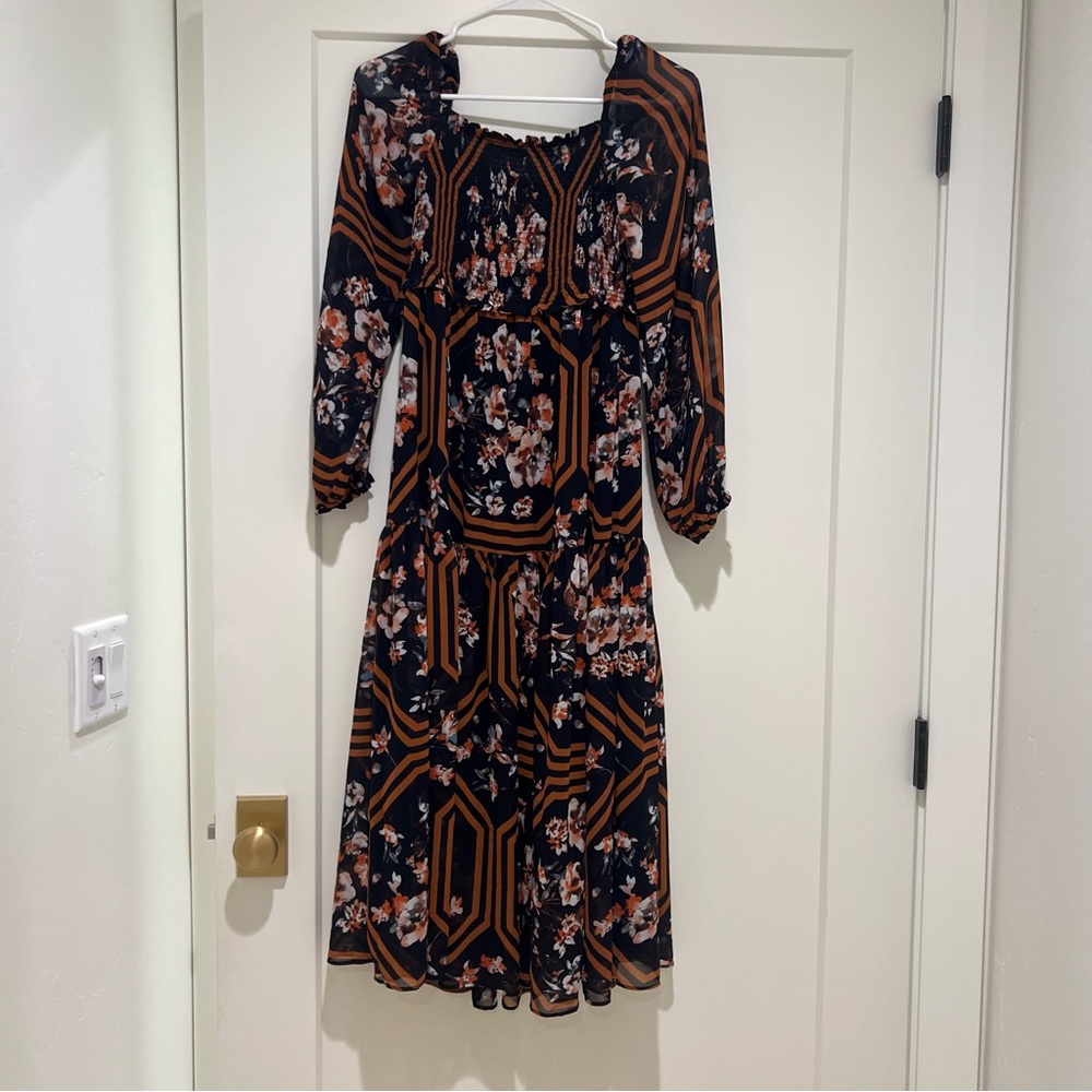 Evie anthropologie elastic waist navy floral print tiered maxi dress xs
